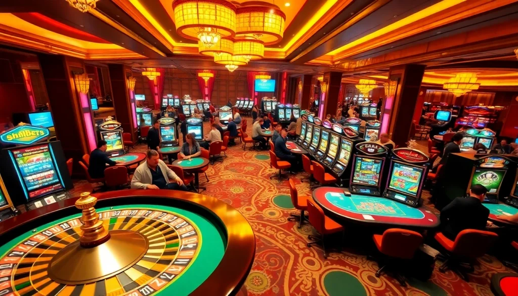 Experience thrill at SHBET Casino with vibrant gaming action featuring roulette, poker tables, and slot machines.